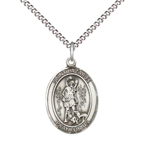 Medium Women's Sterling Silver Saint Lazarus Pendant Necklace with 18-Inch Chain and Gift Box Patron Saint of Leprosy, Religious Medal – Made in USA