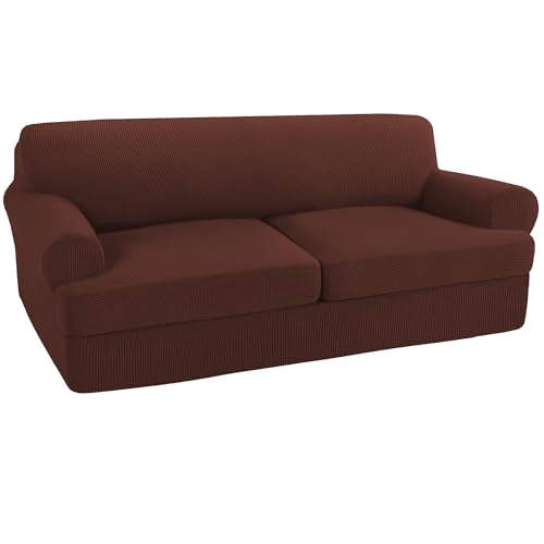 Turquoize 3 Piece T Cushion Sofa Slipcovers Stretch Couch Cover Furniture Covers with 2 Individual T Cushion Covers, Machine Washable (2 Cushion Sofa, Burnt Brick)