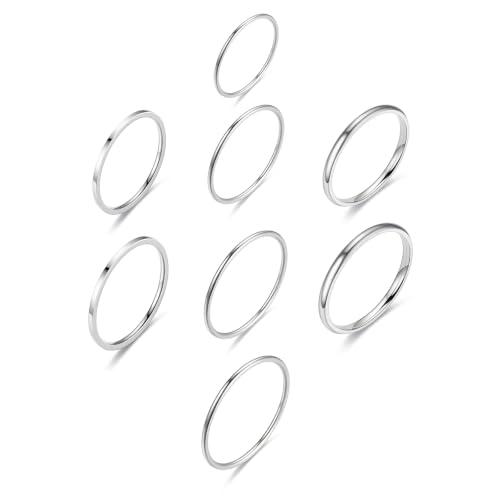 IBXWMNG Lot de 8 Bague Femme Acier Inoxydable Mince Anneaux Empilables Bague Knuckle Taille 5 6 7 8 Ensemble de Bague Fine Minimaliste Bijoux pour Femme et Homme - Argenté