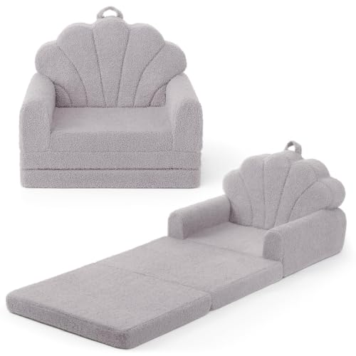 Image of Blissful Diary Foldable Kids Couch, 2-in-1 Kids Sofa Chair, Gray Shell | 50.8 inch Fold-Out Play Area, Supportive Foam, Washable Cover, Carry Handle, Pre-Assembled, Kid-Safe Zipper