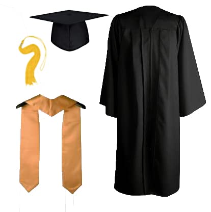 Matte Fabric Black Convocation/Graduation Gown, Hat And Golden Sash