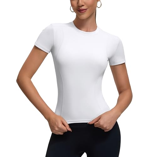 Womens White Workout Compression Shirts,Athletic Dry Fit Yoga Gym Pilates Shapewear Tops,Cute Crop Y2K Short Sleeve Clothes