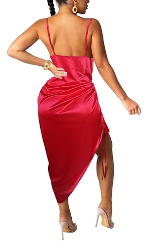 Image of Club Dress Sexy Dress for Women Wedding Party Birthday Cocktail Spaghetti Strap Satin Side Ruched Midi Mini Dress
