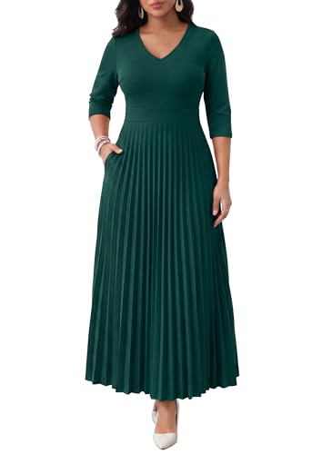 Image of FANDEE Women's V-Neck Pleated Maxi Dress A-Line 3 /4 Sleeve with Pockets