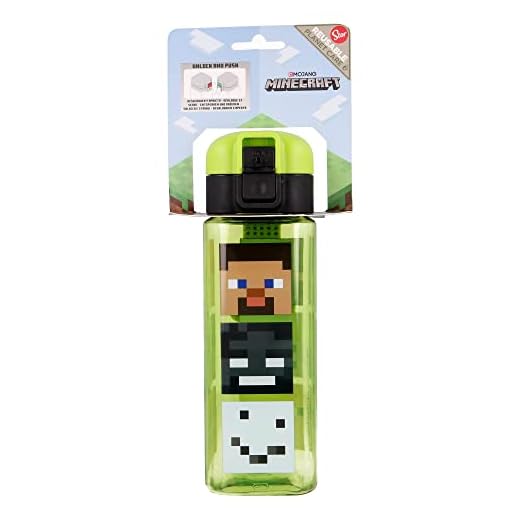 Botella reutilizable infantil con sistema antigoteo y asa para transportar - fácil apertura con botón con capacidad de 550 ml de Minecraft
