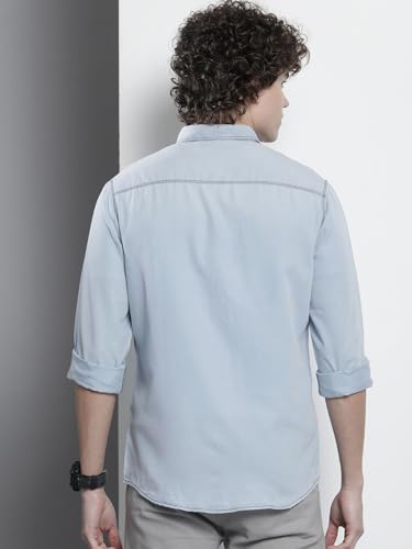 Image of The Indian Garage Co Men Slim Fit Solid Full Sleeves Cutaway Collar Double Flap Pocket Casual Denim Shirt