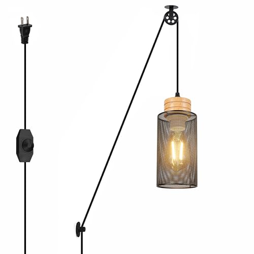 SKIVTGLAMP No Wiring Needed Pendant Lighting Swag, Pulley Wheel Design, 15ft Plug-in Dimmer Cord, Black Grid Hollowing Designed Shade Wood E26 Socket for Hallway Bedroom Living Room
