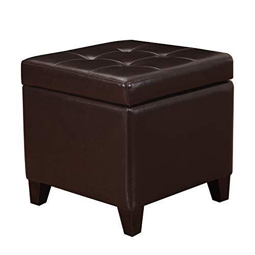 Adeco Bonded Leather Square Tufted Footstool, 18', Brown Storage Ottomans,