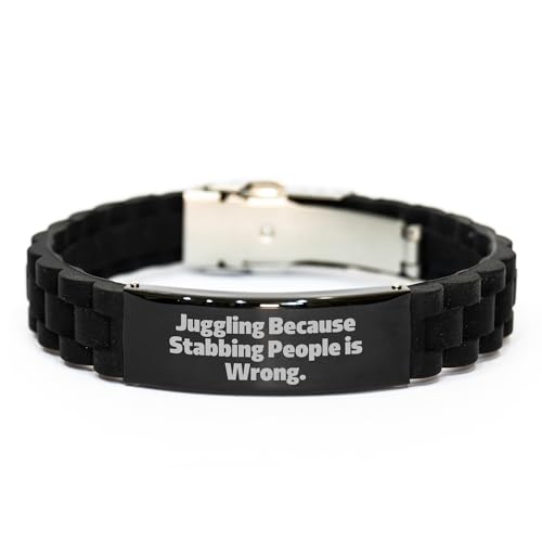 CUCOLUS Juggling Enthusiasts' Valentine's Unique Gift, Glide lock Clasp Black Stainless Steel Silicone Bracelet - Stabbing People Is Wrong!