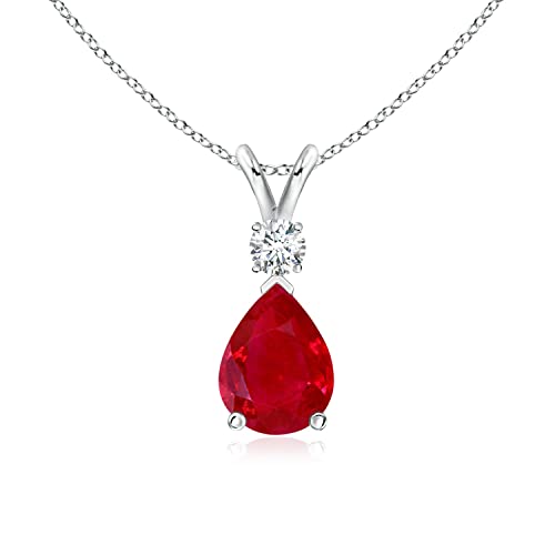 Angara 0.43 ct Ruby Teardrop V-Bale Necklace with Diamond in 14K White Gold | Natural Prong-Set Ruby Pendant for Women | July Birthday Gemstone Jewelry Gift | 6x4mm