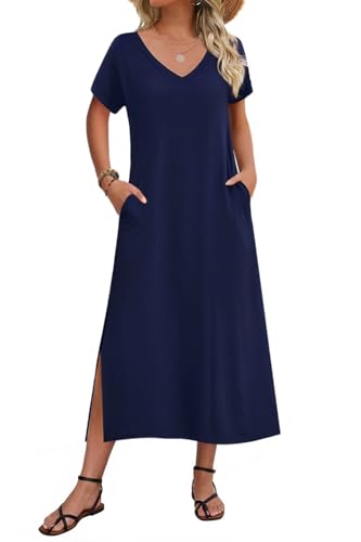 Image of Zeagoo Women Summer Floral Dress Short Sleeve Beach Dress with Pockets Casual V-Neck Split Long T-Shirt Dress Travel Vacation
