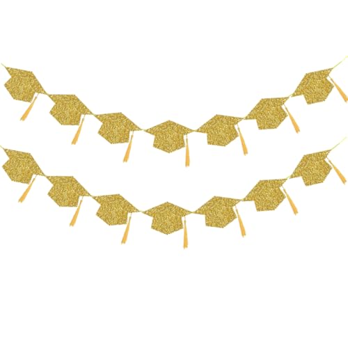 2026 Graduation Hats Decoration Banners Gold Glitter Graduation Cap with Tassel Banners Garlands Class of 2026 Graduate Party Banners for College High School Party Decorations