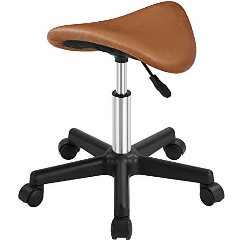 Topeakmart Saddle Stool - Adjustable Swivel Rolling Chair with Wheels & PU Leather for Spa Massage Salon Drafting Tattoo Medical Beauty Brown