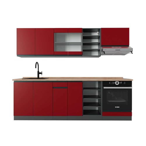 Vicco Küchenzeile R-Line, Rot/Anthrazit, 240 cm J-Shape, AP Eiche, geeignet zur Kombination mit weiteren R-Line Modulen