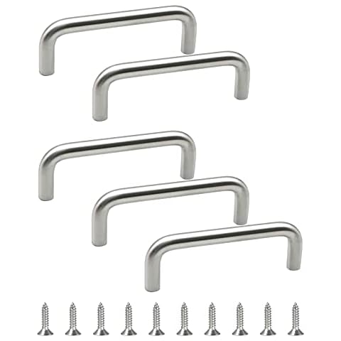 Morobor Stainless Steel Solid Round Handle, 100 mm Hole Centers U-Shaped Cabinet Hardware Pull for Bedroom Bathroom Kitchen Cabinets Door- 5 Pack/ Brushed Silver Cover