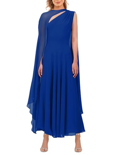 Image of Aisbei Women's Elegant One Shoulder A Line Flowy Maxi Dress Evening Gowns Party Formal Wedding Guest Dresses with Cape