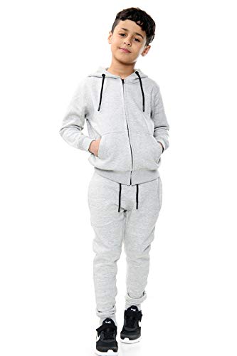 Fashionesta Flowk® Tuta da ginnastica per bambini, con cappuccio e cerniera, per bambini, ragazzi e ragazze, tinta unita, 2 pezzi, età 5-13 anni, Grigio, 7-8 Years
