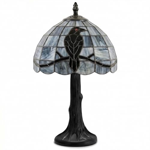 Wettal Stained Glass Raven Lamp Table Light with Handcrafted Lampshade - Vintage Spooky Small Crow Lamp for Bedside Bedroom Living Room Goth Gifts Home Decoration(8Wx14.5H Branch)