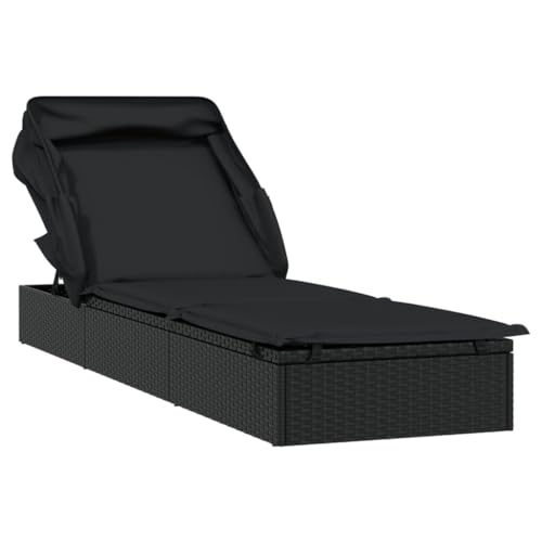 vidaXL Transat avec Toit Pliable Noir 213x63x97 cm résine tressée, Chaise Longue, Chaise Longue d'extérieur, lit de Salon, lit de Repos