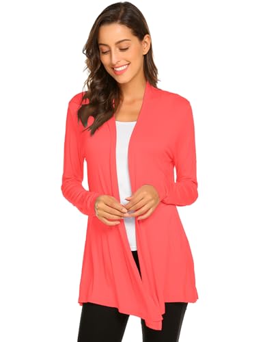 Newchoice Women's Dressy Casual Long Sleeve Lightweight Cardigan Sweaters Soft Drape Loose Open Front Cardigans Sweaters (Coral Pink, L) - Thumbnail 2
