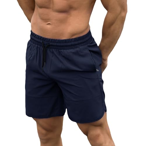 DEHORU Mens Running Shorts Zipper Pockets Sports Gym Shorts Breathable Lightweight Summer Training Shorts Beach Shorts(DB M) Dark Blue