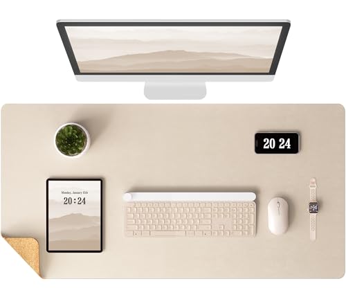 Aothia Dual-Sided Desk Mat - Natural Cork & Leather Desk Protector, Large Mouse Pad, Waterproof Blotter, Writing Pad for Office/Home, Beige (25.6