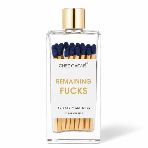Chez Gagné Glass Bottle Safety Matches - Funny Matches with Colorful Tips - Matches in Chic Bottle, Gold Lid - Gift for Candle Lovers - Home Decor (Remaining Fucks - Navy)