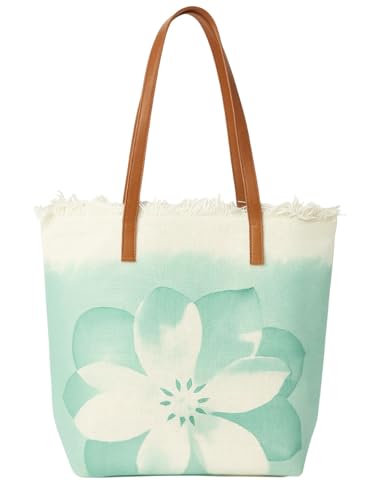 Image of GRECIILOOKS Eco Canvas Boho Tote Bag for Women, Spacious Jute Handbag with Faux Leather Straps, Frayed Edge & Floral Print, Lightweight Shoulder Bag for Beach Travel Shopping Work
