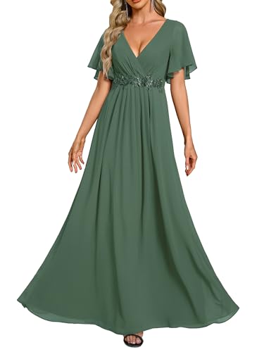 Image of Ever-Pretty Womens V Neck Applique Mother of the Bride Dresses Formal Dress | Chiffon, Short Sleeves, Ruched, A-Line, Bridesmaid Dresses, Formal Gown, Black Tie Dress