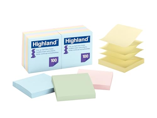 Highland Pop-up Sticky Notes, 3 x 3 Inches, Assorted Pastel Colors, 12 Pack (6549-PUA)