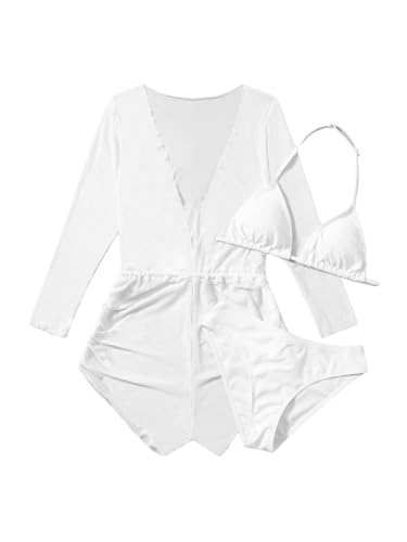 Milumia Girl's 3 Piece Swimsuits Solid Halter Top Bikini Sets with Long Sleeve Coverup Romper