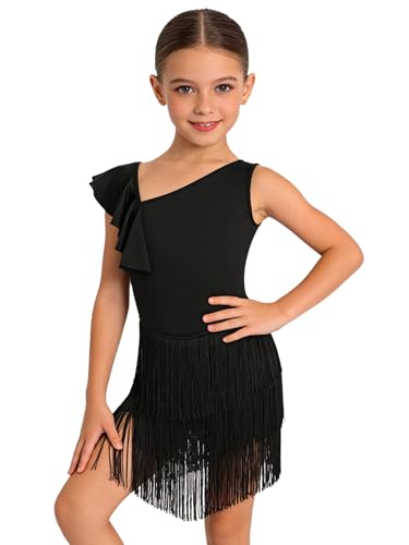Yruioon Costume Charleston pour Enfants Robe Danse pour Filles avec Franges Et Tresses Robe Danse Latino Américaine Combinaison Sport Moderne Et Jazz Noir 11-12 Ans