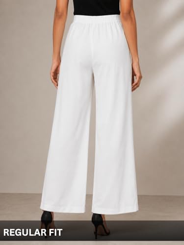 Image of GRECIILOOKS Linen Ankle Length Casual Trousers for Women | Regular Fit Linen Pants with Elastic Closure | Summer Loose Fit Daily Outfit Pants for Women