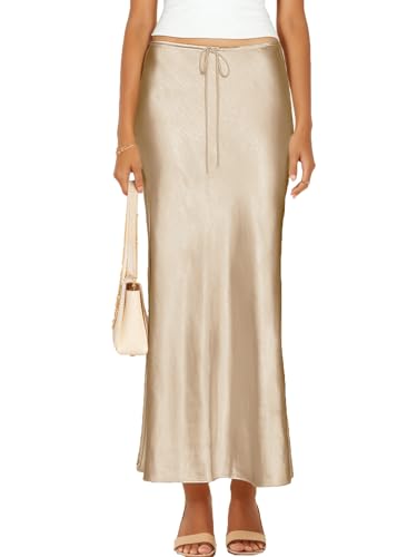 Skrtimory Womens Satin Silk Maxi Skirts Drawstring Flared Casual A-Line