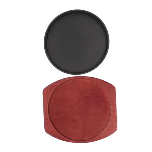 FUNNETOYU Thickened Cast Iron Fajita Pan Set with Wooden Steak Plate Round Non-Stick Griddle for Induction and Gas Stoves Expanded Cooking Surface for Steaks and BBQ Home and Restaurant Use