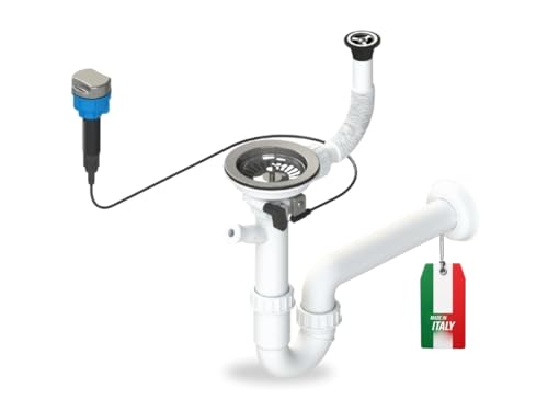 GRANMASTER Siphon Küchenspüle Automatischer 1-Kammer Raumsparsiphon mit überlauf auf der Abtropfschale - Made in Italy - Anschluss an der Unterseite: 1 1/2 Siebkorb Excenterventil 3 1/2 - 38x26x12cm