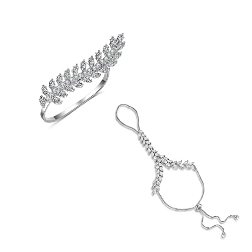 Aprilery Fashion Chain Ring Bracelet Two-Fingers Statement Ring, Silver Cz Cubic Zirconia Crystal Adjustable Ring Bracelet Cocktail Party Accessories Gifts For Women Girls #TOP26