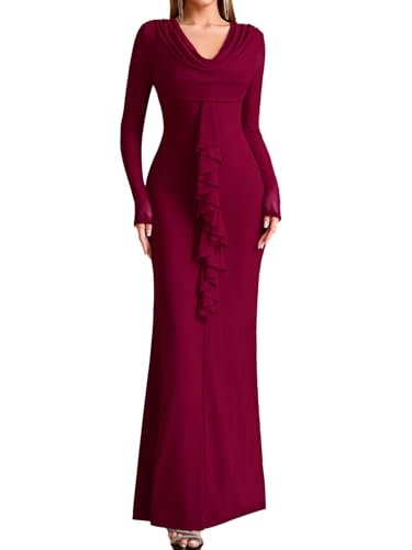 EYNMIN Long Sleeve Maxi Dress V Neck Ruffle Bodycon Mesh Elegant Formal Wedding Guest Dresses for Women 2025 Fall