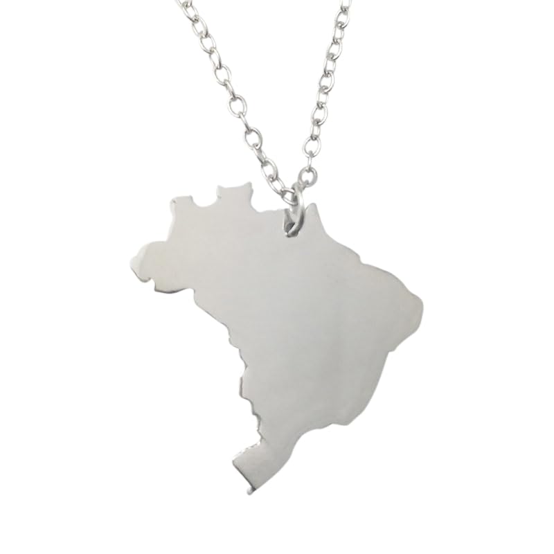 Art Attack Stainless Steel Love Brazil Chain Necklace, Brasilia Rio de Janeiro Map Brasil Portuguese Heart Charm Pendant (Silver)2