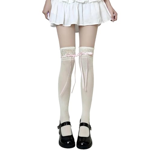 Image of Thigh High Stockings with Bow, Santa Accessory Y2K Fishnet Socks with Lace Brim Lingerie Tights for Women