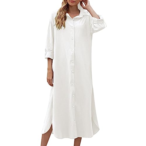 Vestido camisero de algodón y lino para mujer, informal, suelto, liso, vestido noruego para mujer, Blanco, XL