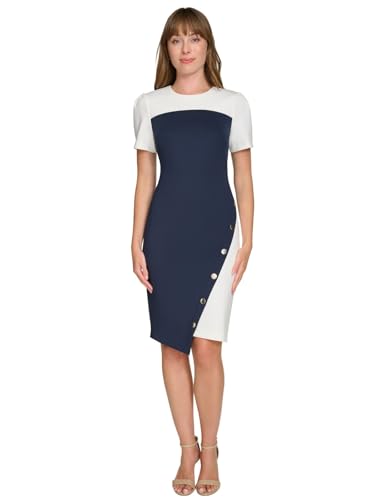 Image of Tommy Hilfiger Women's Short Sleeve Jewel Neck Colorblock Studded Asymmetrical Hem Crepe Mini Dress