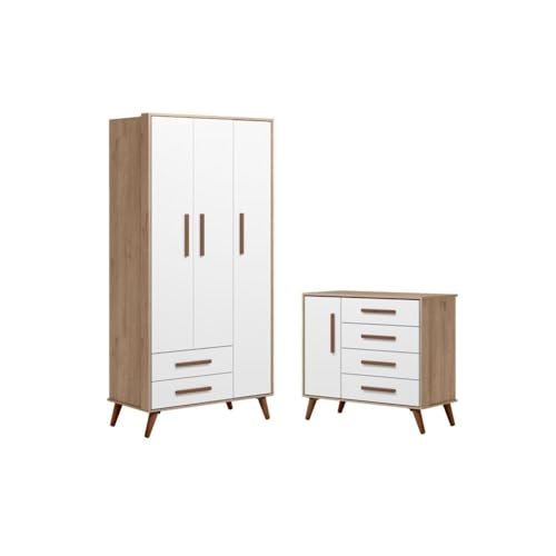 Conjunto Quarto Infantil Retro Guarda Roupa e Comoda Chicago Carvalho Rustico Branco