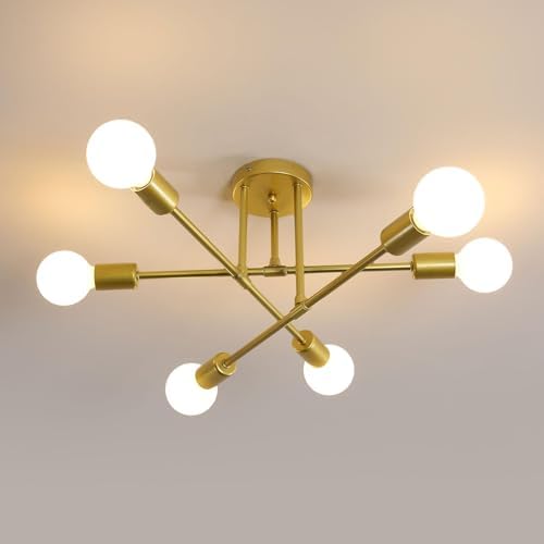 Comely Lampara de Techo Industrial, 6 Luces E27 Lámpara de Araña Sputnik, Lamparas de Techo Salon Vintage, Plafon de Techo Moderno para Cocina Dormitorio, Dorada