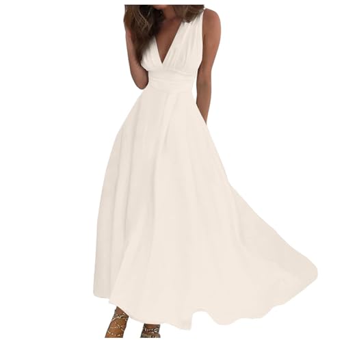 Robe De Soiree Femme sans Manches, Robe Longue Sexy Col V Chic Et Elegant Maxi Robes Grande Taille à Taille Haute Couleur Unie Casual Dress pour Femmes Princesse De...