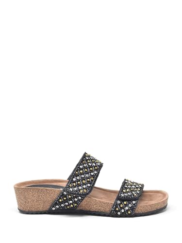 Sandales pour femme en cuir et tissu noir avec strass semelle basse 40 EU