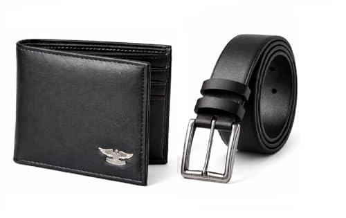 Image of Poland PU LEATHER BELT AND WALLET COMBO FOR MEN AND BOYS (Dark Black wallet /Black Belt)