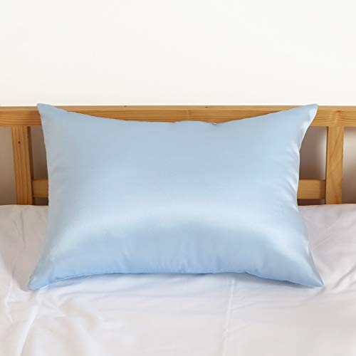 Image of Nature Silk Pillowcase Light Blue Double Side 100% Mulberry Silk Pillow Cover 14x20 Inches Toddler 35x50cm Small Silk Pillowcase for Bed, 1 Piece