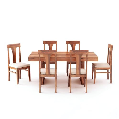 Image of SONA ART & CRAFTS Paan Solid Sheesham Wood Dining Table Set of 6 Dinner Dinning Table with 6 Cushion Chair for Dining Furniture for Living Room Home Hotel Office Self Assembly (Honey Finish)