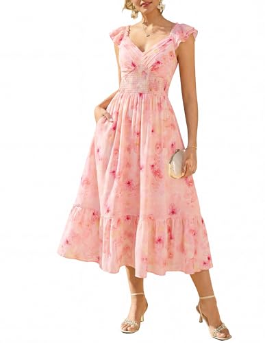 Image of GRACE KARIN Women's Summer Floral Maxi Dress 2026 Ruffle Sleeve Smocked Sundress Flowy Wedding Guest Long Dresses with Pocket
